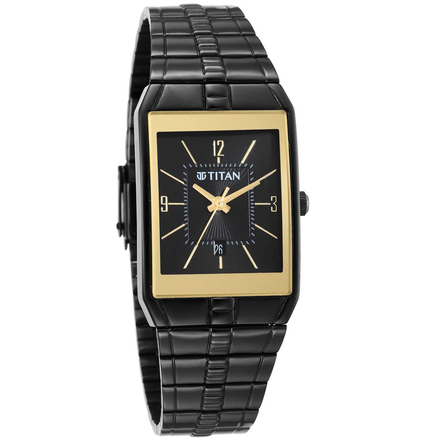 Titan Black Rectangular Dial Stainless Steel Strap Analog Watch for Men