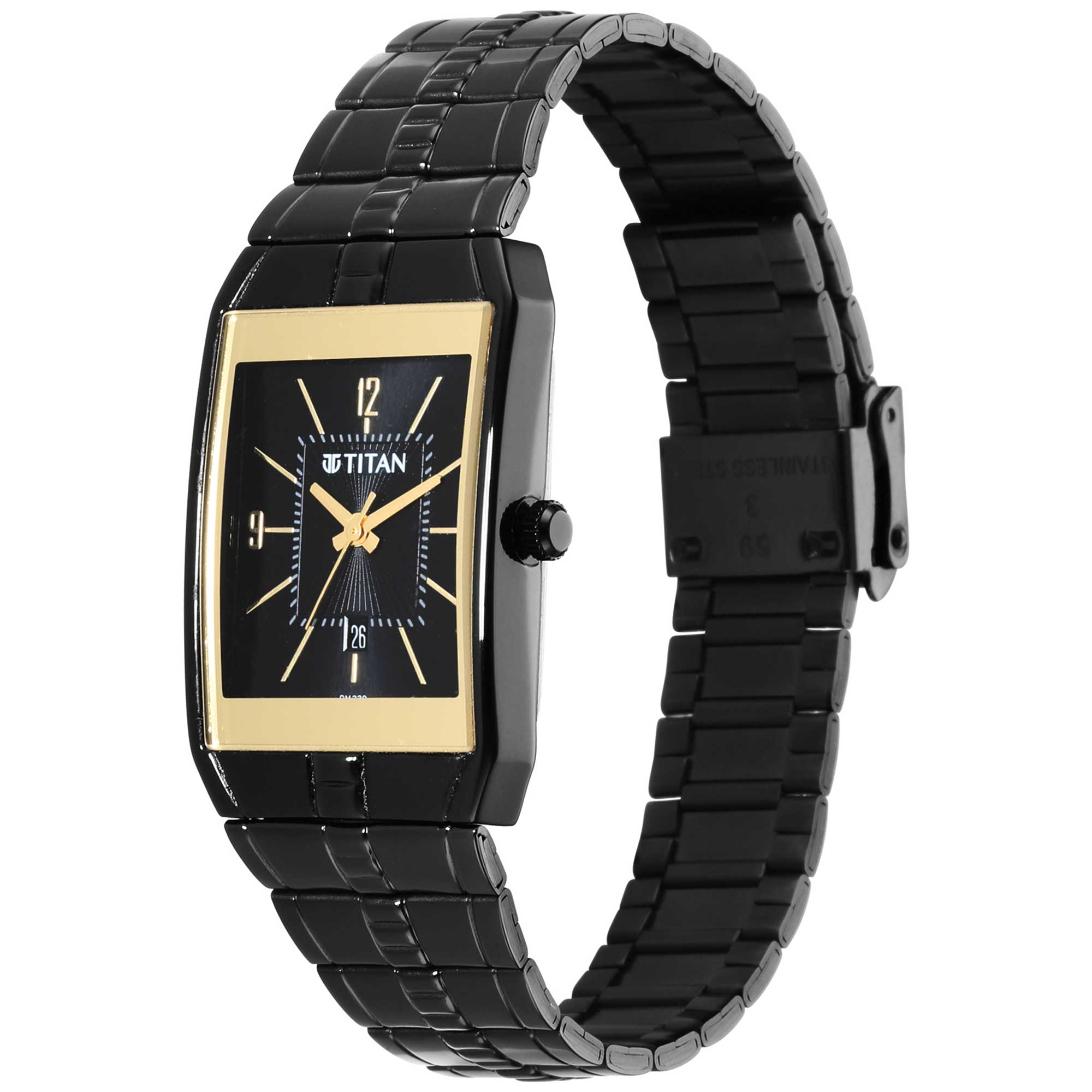 Titan Black Rectangular Dial Stainless Steel Strap Analog Watch for Men