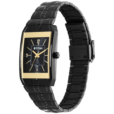 Titan Black Rectangular Dial Stainless Steel Strap Analog Watch for Men