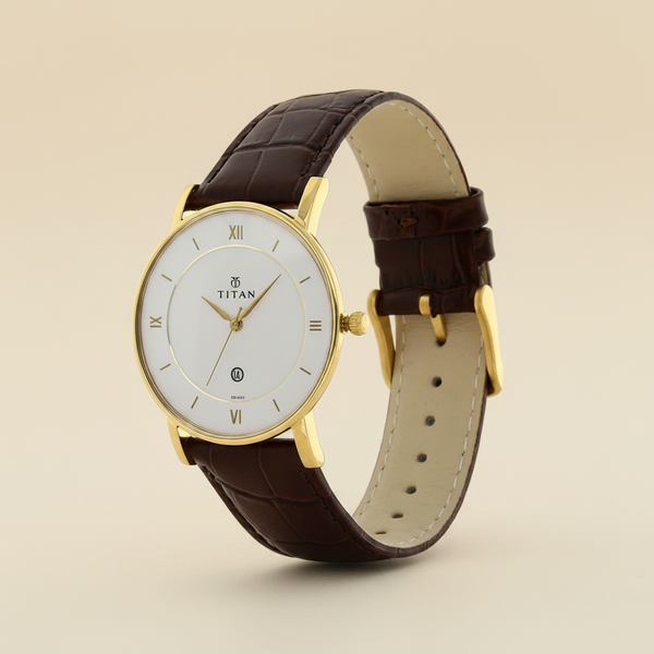 Titan Quartz Analog with Date White Dial Leather Strap Watch for Men