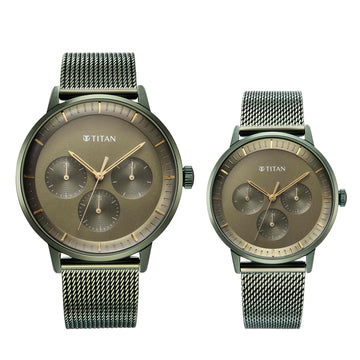 Titan Bandhan Green Dial Quartz Multifunction Stainless Steel Strap watch for Couple