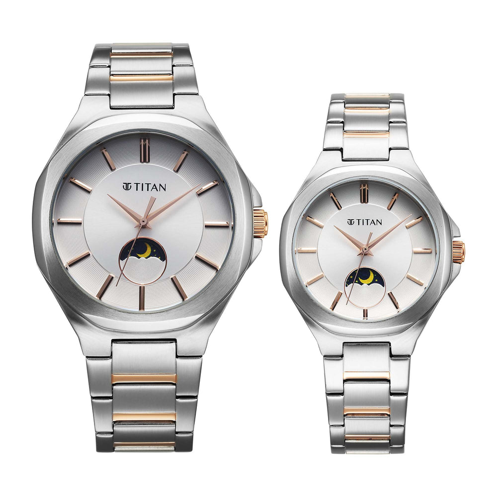 Titan Bandhan Silver Dial Two Toned Stainless Steel Strap Analog Watch for Couple