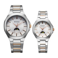 Titan Bandhan Silver Dial Two Toned Stainless Steel Strap Analog Watch for Couple
