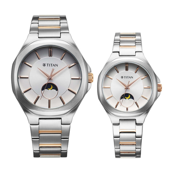 Titan Bandhan Silver Dial Two Toned Stainless Steel Strap Analog Watch for Couple