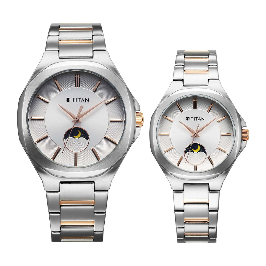 Titan Bandhan Silver Dial Two Toned Stainless Steel Strap Analog Watch for Couple
