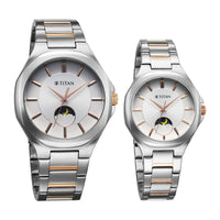 Titan Bandhan Silver Dial Two Toned Stainless Steel Strap Analog Watch for Couple