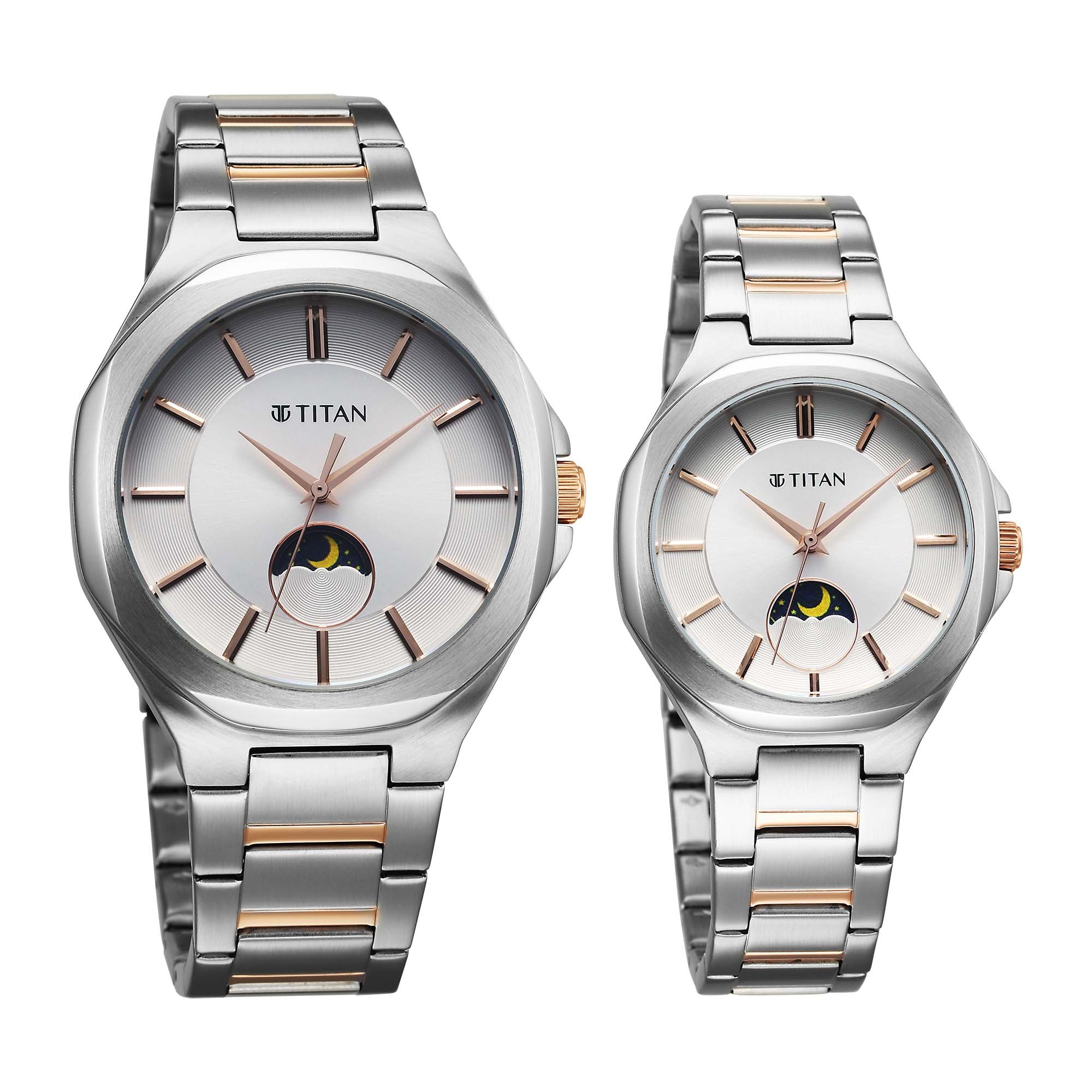 Titan Bandhan Silver Dial Two Toned Stainless Steel Strap Analog Watch for Couple