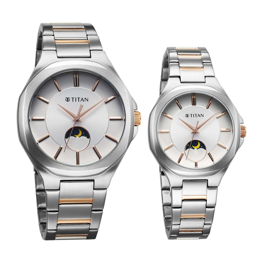 Titan Bandhan Silver Dial Two Toned Stainless Steel Strap Analog Watch for Couple