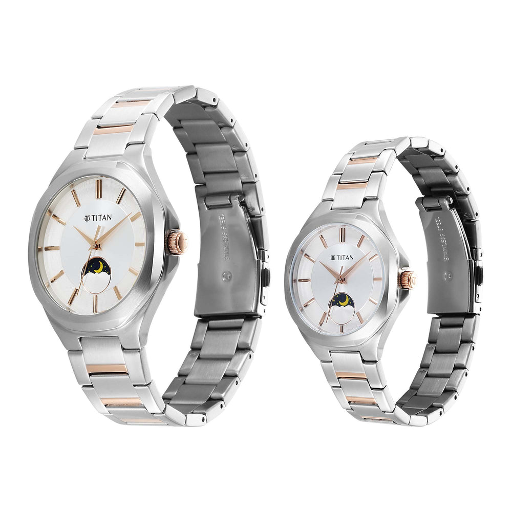 Titan Bandhan Silver Dial Two Toned Stainless Steel Strap Analog Watch for Couple