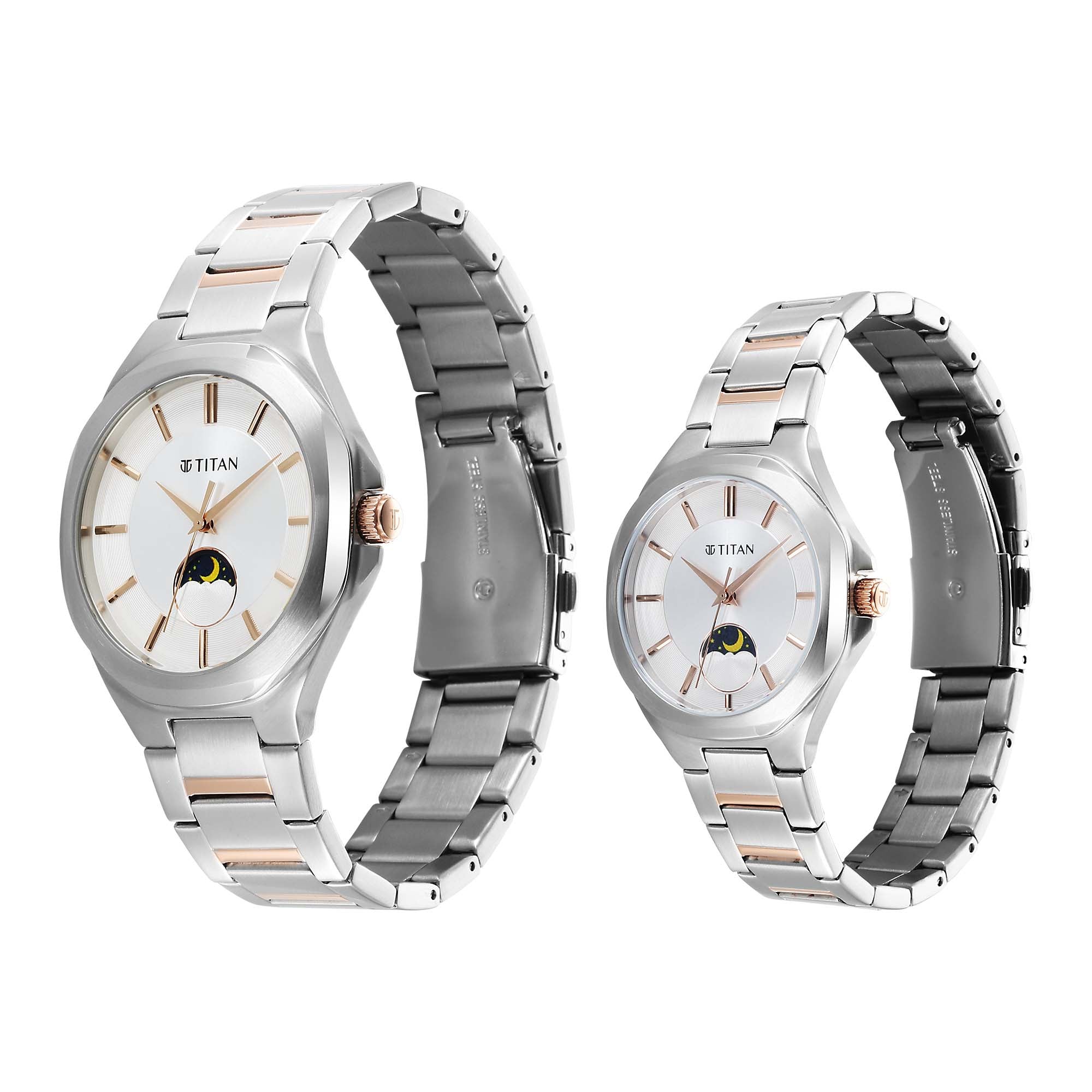 Titan Bandhan Silver Dial Two Toned Stainless Steel Strap Analog Watch for Couple