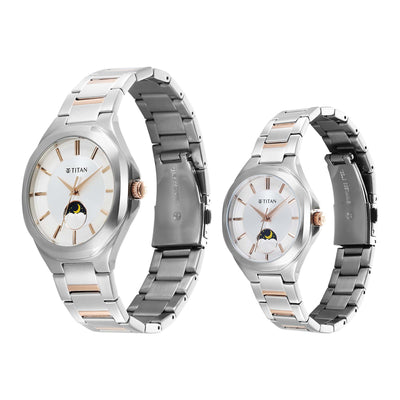 Titan Bandhan Silver Dial Two Toned Stainless Steel Strap Analog Watch for Couple
