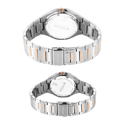 Titan Bandhan Silver Dial Two Toned Stainless Steel Strap Analog Watch for Couple