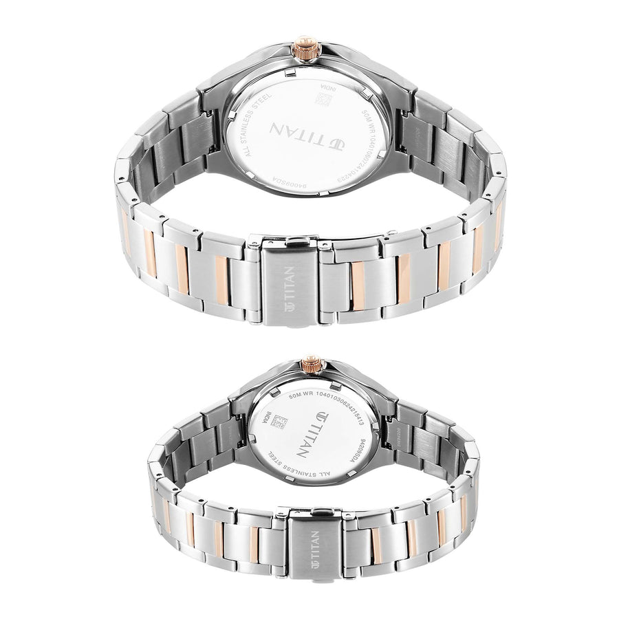 Titan Bandhan Silver Dial Two Toned Stainless Steel Strap Analog Watch for Couple