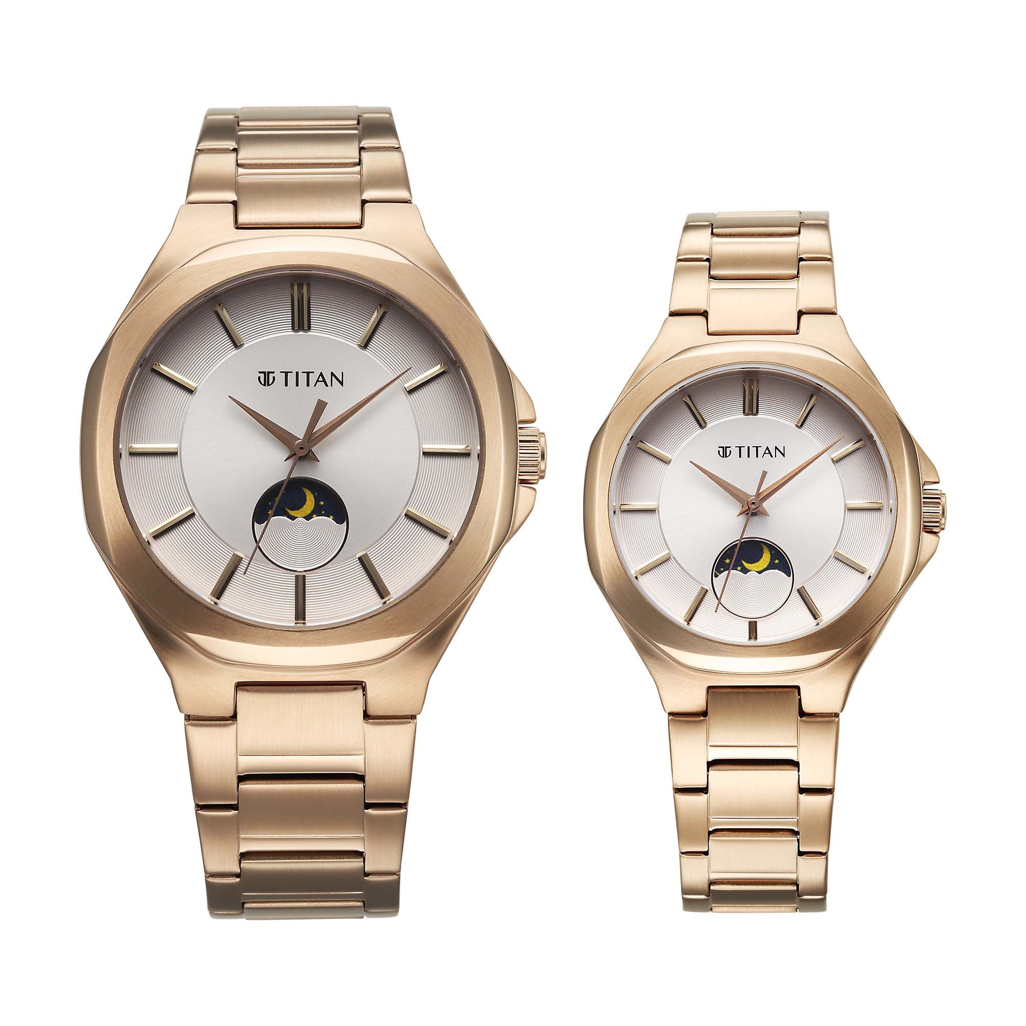 Titan Bandhan Quartz Analog With Sun - Moon Silver Dial Rose Gold Stainless Steel Strap Watch For Couple