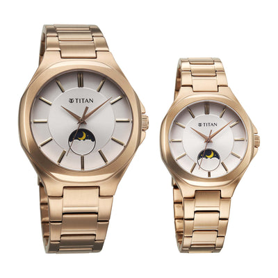 Titan Bandhan Quartz Analog With Sun - Moon Silver Dial Rose Gold Stainless Steel Strap Watch For Couple