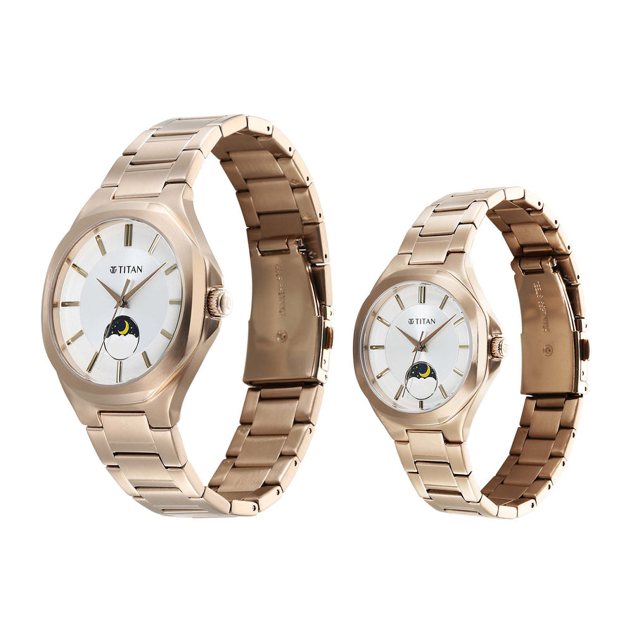 Titan Bandhan Quartz Analog With Sun - Moon Silver Dial Rose Gold Stainless Steel Strap Watch For Couple