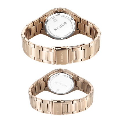 Titan Bandhan Quartz Analog With Sun - Moon Silver Dial Rose Gold Stainless Steel Strap Watch For Couple