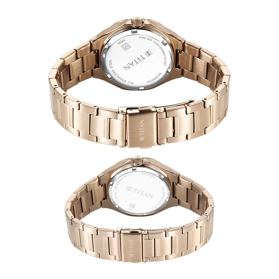 Titan Bandhan Quartz Analog With Sun - Moon Silver Dial Rose Gold Stainless Steel Strap Watch For Couple