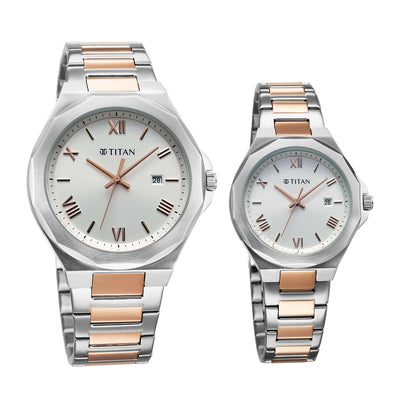 Titan Bandhan Quartz Analog with Date White Dial Two Toned Stainless Steel Strap Watch For Couple