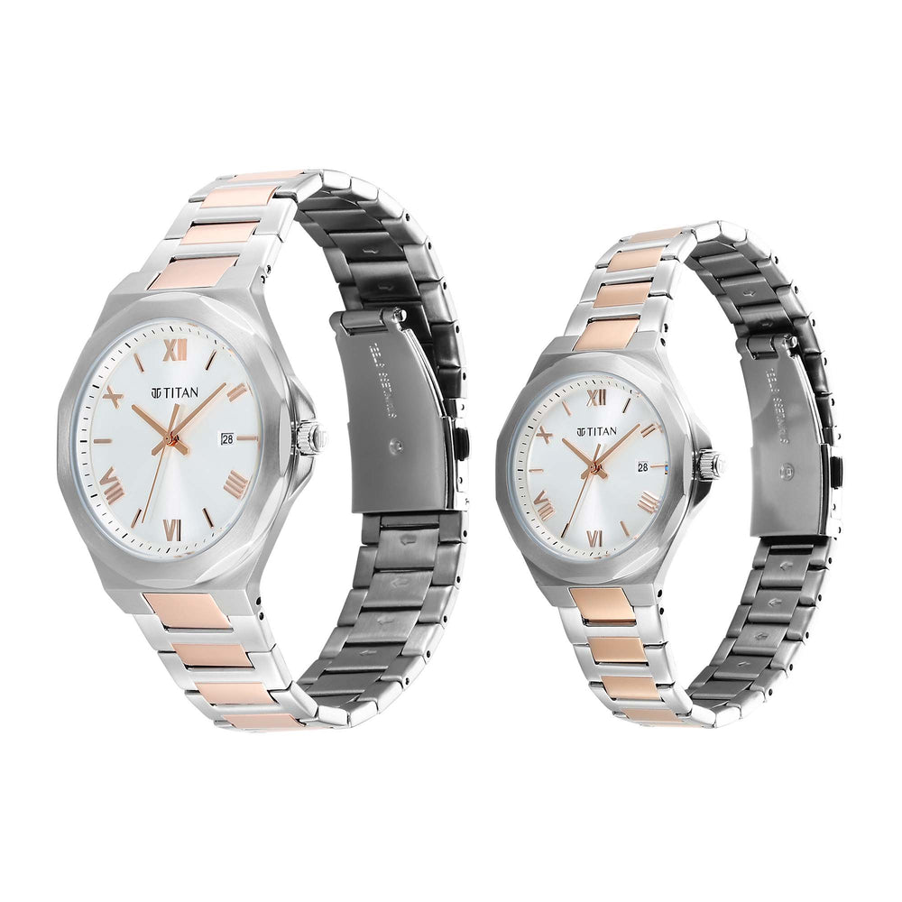 Titan Bandhan Quartz Analog with Date White Dial Two Toned Stainless Steel Strap Watch For Couple