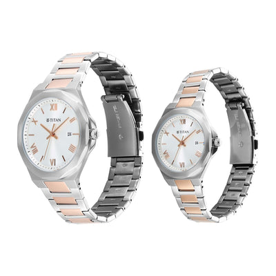 Titan Bandhan Quartz Analog with Date White Dial Two Toned Stainless Steel Strap Watch For Couple
