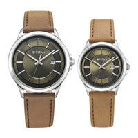 Titan Bandhan Green Dial Brown Leather Strap Analog with Date Watch For Couple