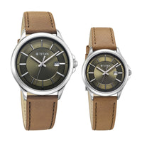 Titan Bandhan Green Dial Brown Leather Strap Analog with Date Watch For Couple
