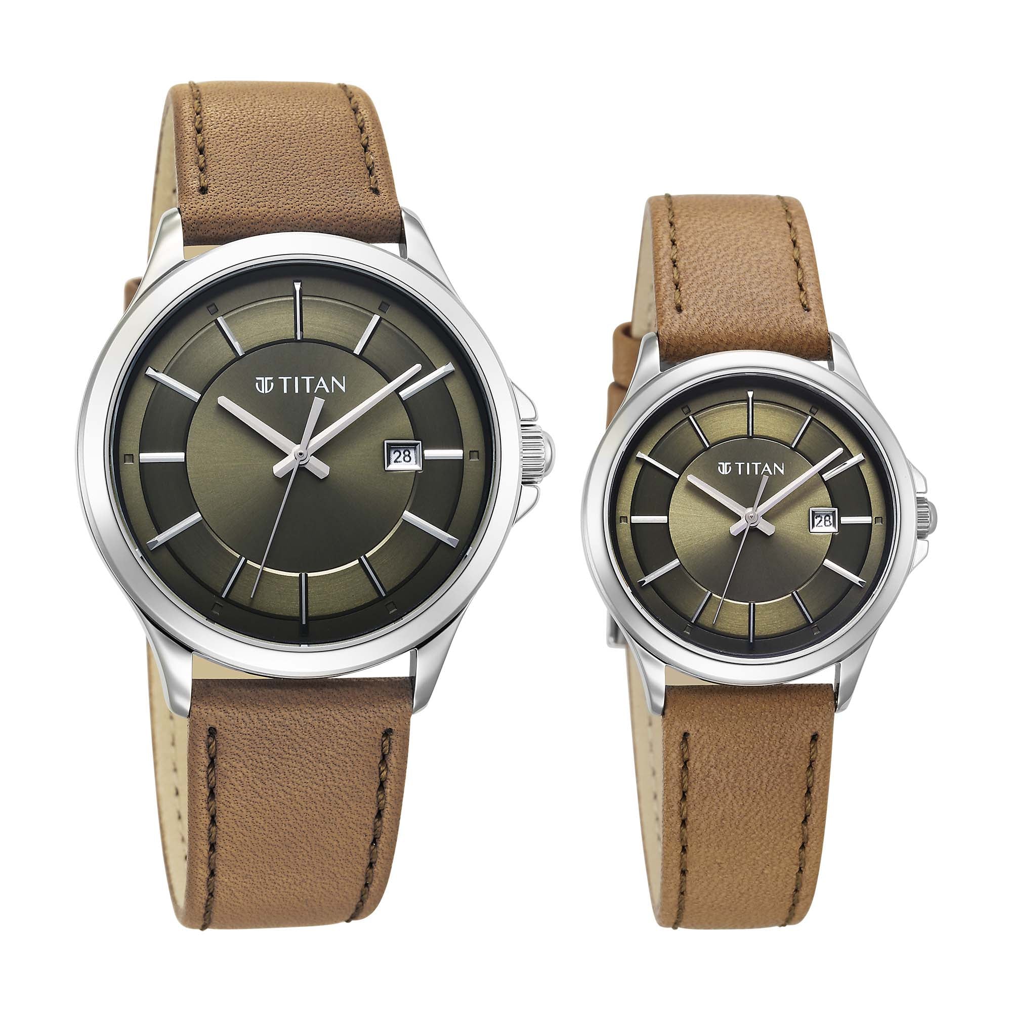 Titan Bandhan Green Dial Brown Leather Strap Analog with Date Watch For Couple