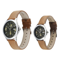 Titan Bandhan Green Dial Brown Leather Strap Analog with Date Watch For Couple