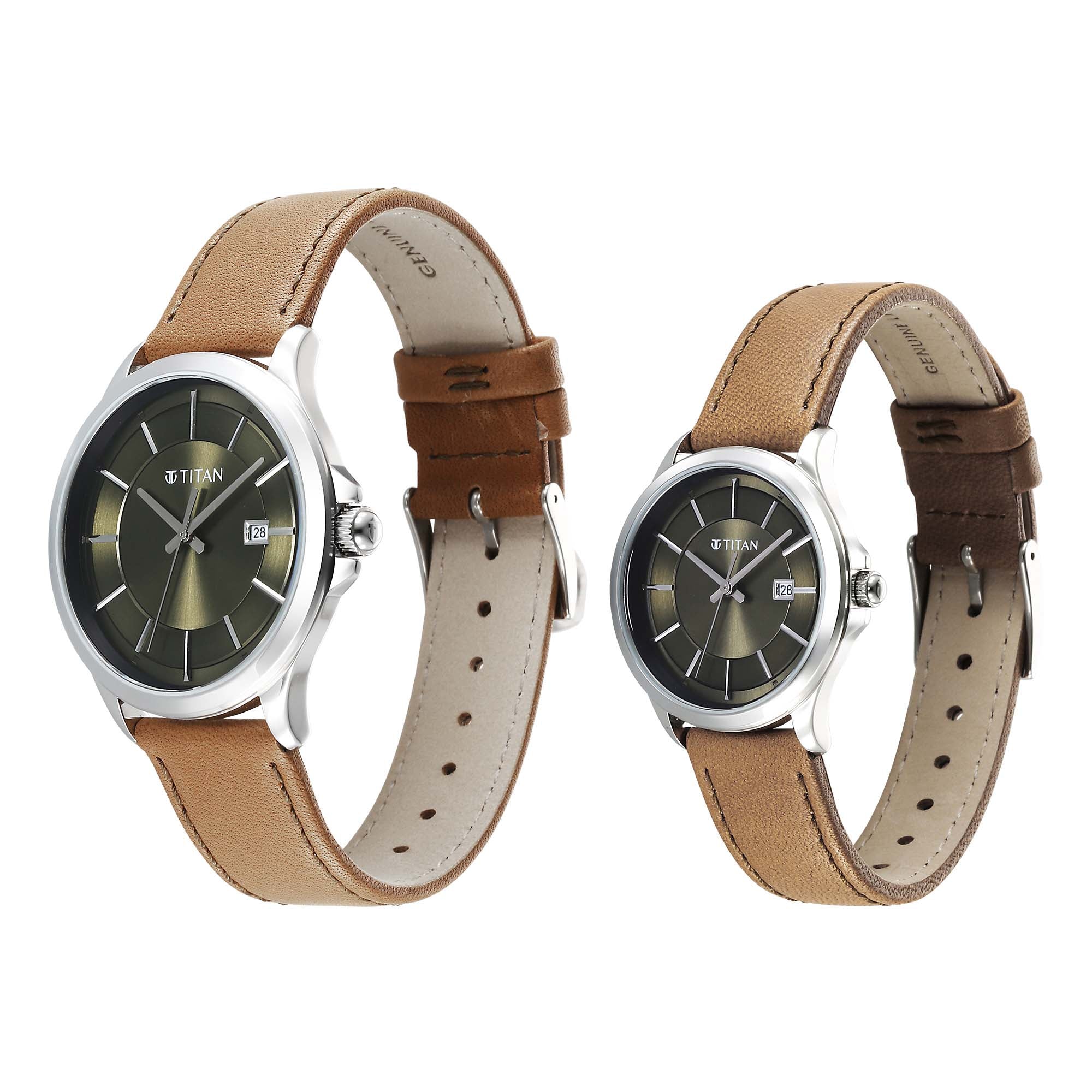 Titan Bandhan Green Dial Brown Leather Strap Analog with Date Watch For Couple