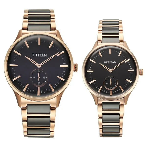 Titan Black Dial Two Toned Hybrid Strap Analog Watch for Couple