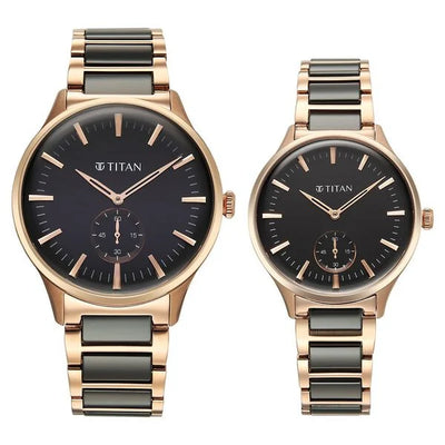 Titan Black Dial Two Toned Hybrid Strap Analog Watch for Couple