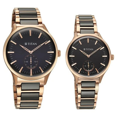 Titan Black Dial Two Toned Hybrid Strap Analog Watch for Couple