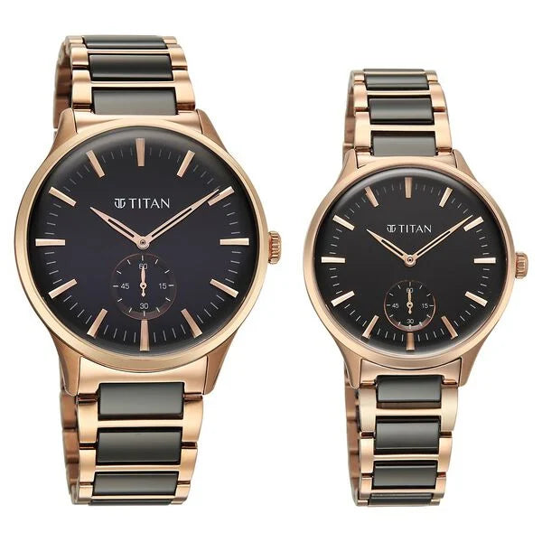 Titan Black Dial Two Toned Hybrid Strap Analog Watch for Couple