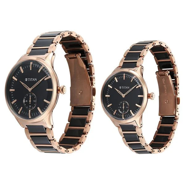 Titan Black Dial Two Toned Hybrid Strap Analog Watch for Couple