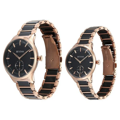 Titan Black Dial Two Toned Hybrid Strap Analog Watch for Couple