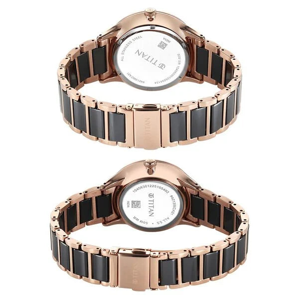 Titan Black Dial Two Toned Hybrid Strap Analog Watch for Couple
