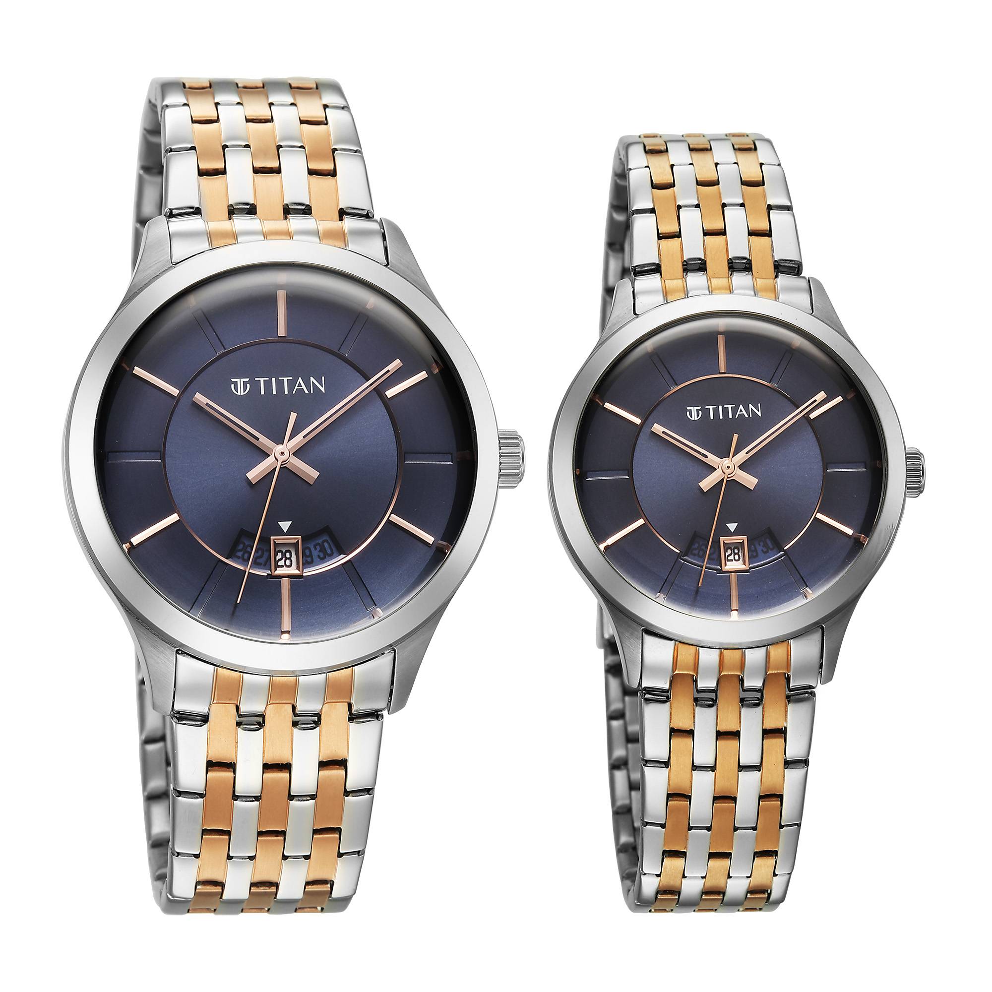 Titan Blue Dial Two Toned Stainless Steel Strap Analog with Date Watch for Couple