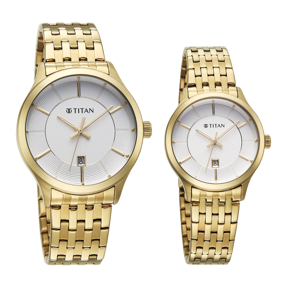 Titan Off-White Dial Gold Stainless Steel Strap Analog with Date Watch for Couple