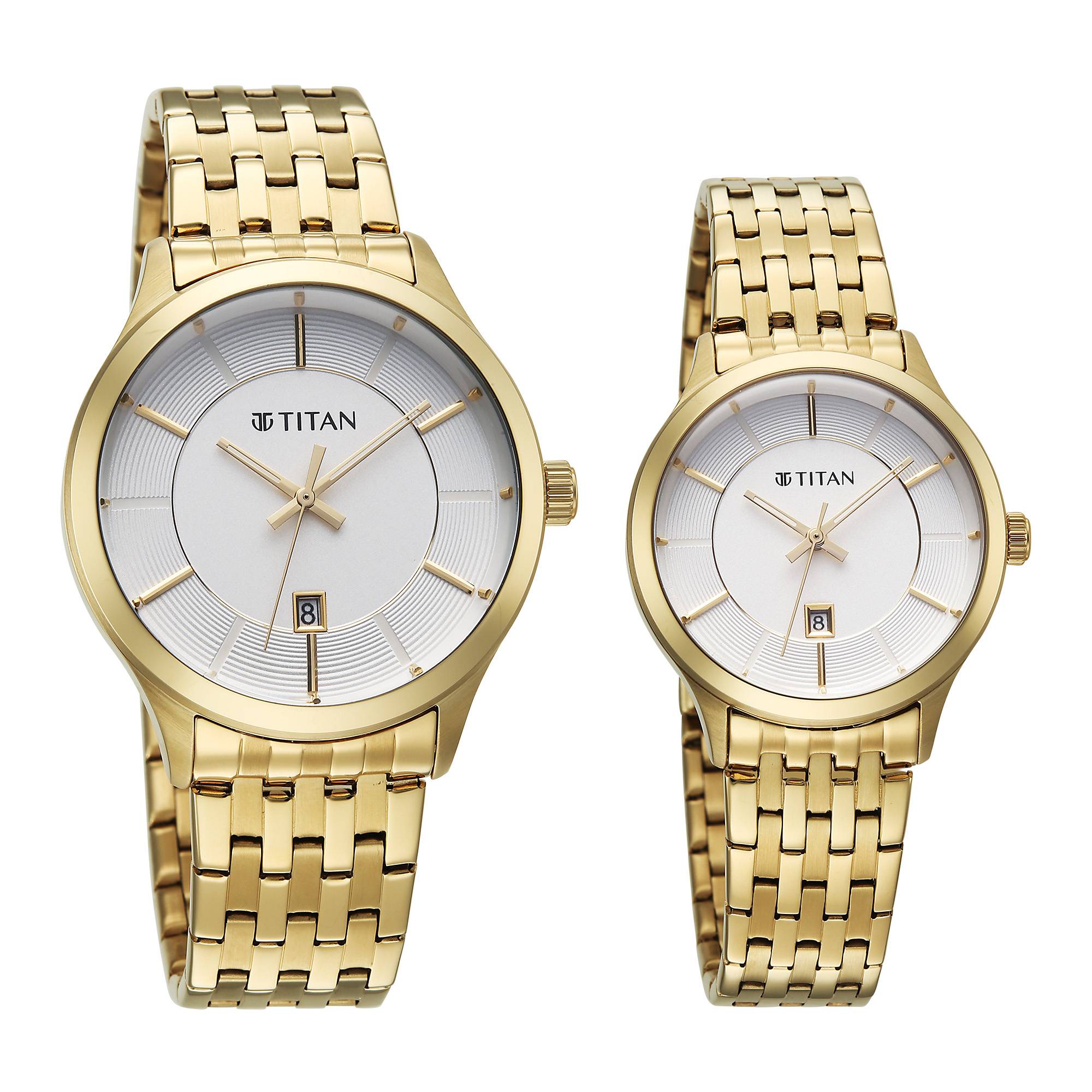 Titan Off-White Dial Gold Stainless Steel Strap Analog with Date Watch for Couple