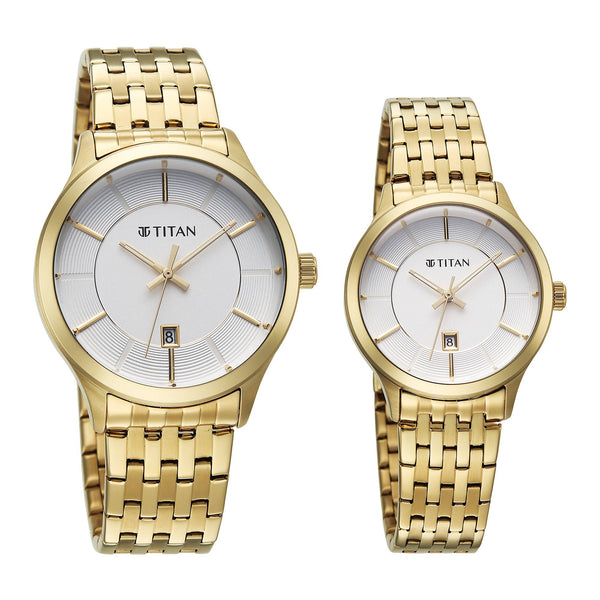 Titan Off-White Dial Gold Stainless Steel Strap Analog with Date Watch for Couple