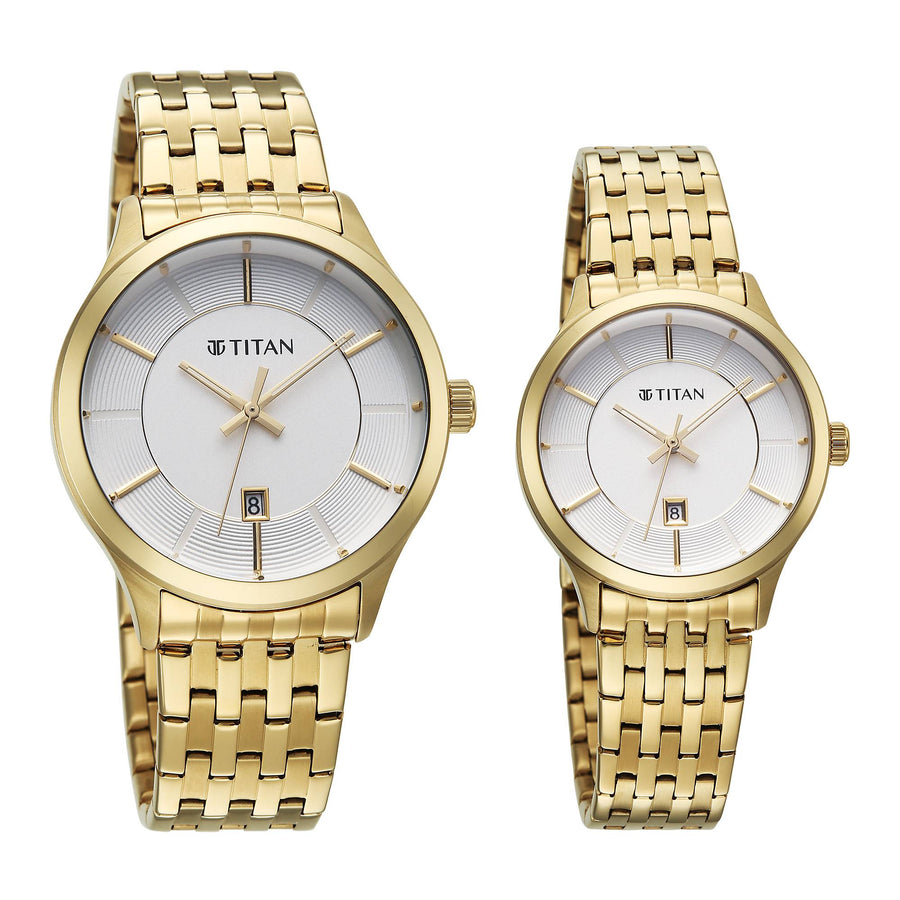 Titan Off-White Dial Gold Stainless Steel Strap Analog with Date Watch for Couple
