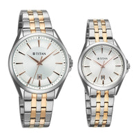 Titan Silver White Dial Two Toned Stainless Steel Strap Analog with Date Watch for Couple