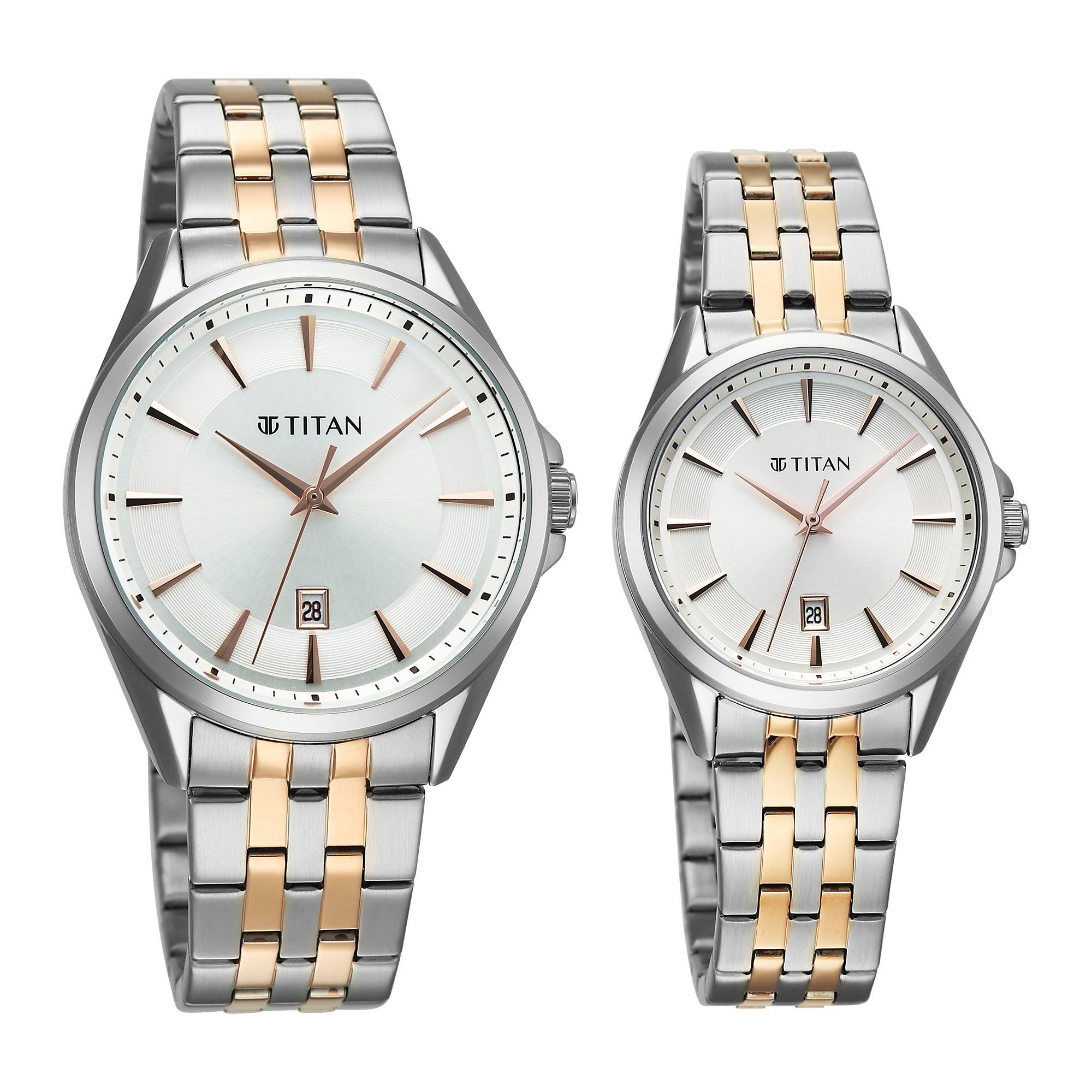 Titan Silver White Dial Two Toned Stainless Steel Strap Analog with Date Watch for Couple
