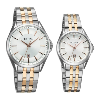 Titan Silver White Dial Two Toned Stainless Steel Strap Analog with Date Watch for Couple