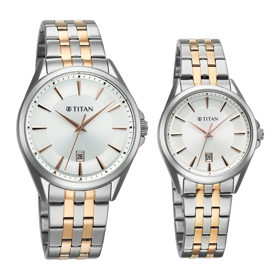 Titan Silver White Dial Two Toned Stainless Steel Strap Analog with Date Watch for Couple