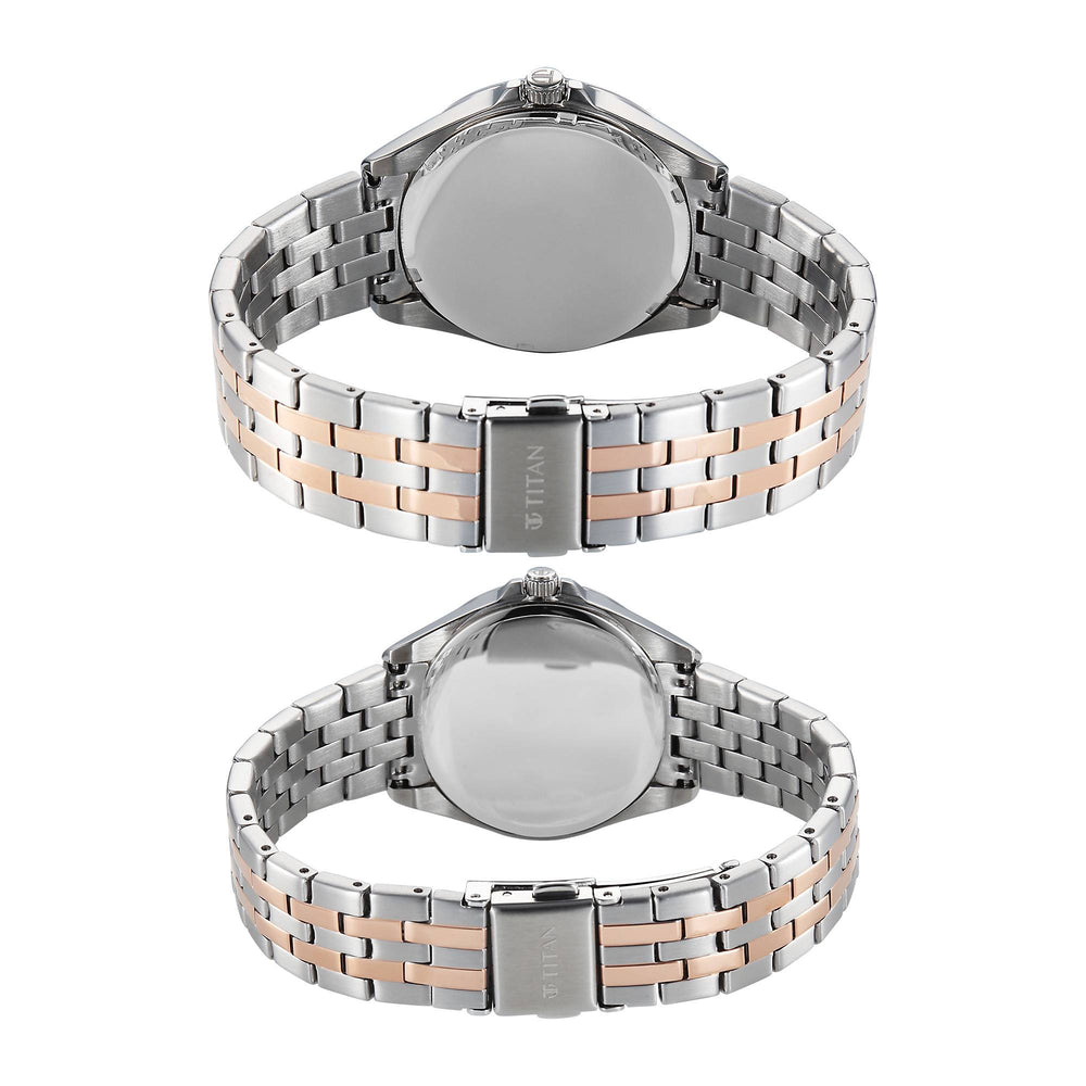 Titan Silver White Dial Two Toned Stainless Steel Strap Analog with Date Watch for Couple