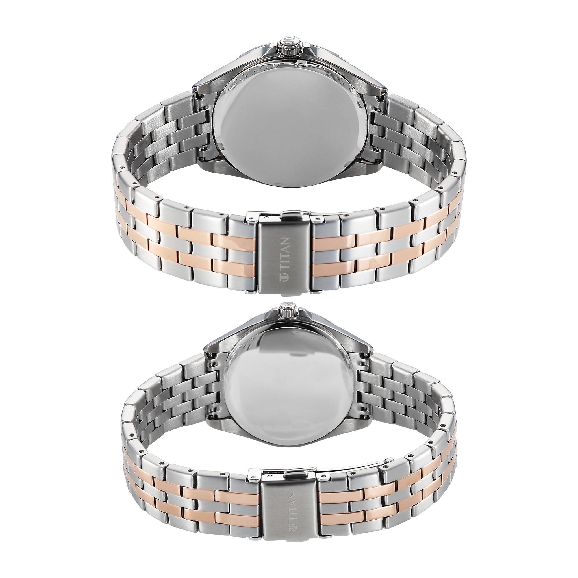 Titan Silver White Dial Two Toned Stainless Steel Strap Analog with Date Watch for Couple