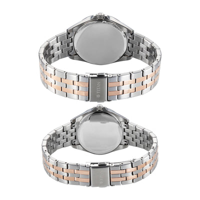 Titan Silver White Dial Two Toned Stainless Steel Strap Analog with Date Watch for Couple