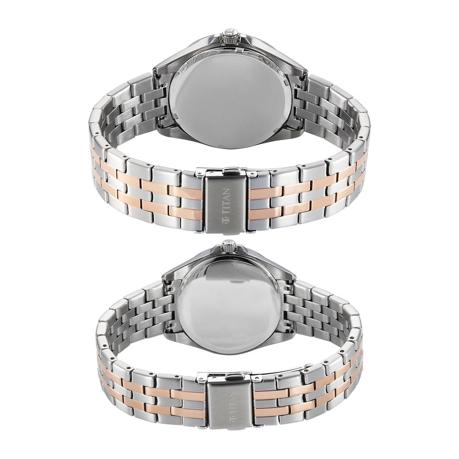 Titan Silver White Dial Two Toned Stainless Steel Strap Analog with Date Watch for Couple